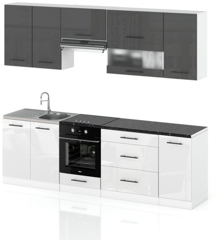 Meble Kuchenne Zestaw Kuchnia Marocco 2.6m Modułowa Szary Biały Połysk