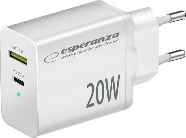 Ładowarka Esperanza EZC105W Esperanza ładowarka sieciowa 20w usb-c pd 20w / usb-a qc 3.0 18w biała