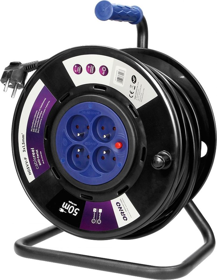 Orno Przedłużacz bębnowy, 4 gniazda 2P+Z, kabel PVC H05VV-F 3x1,5mm2, długość - 50m, STAŁE GNIAZDA, termik, przesłony torów prądowych