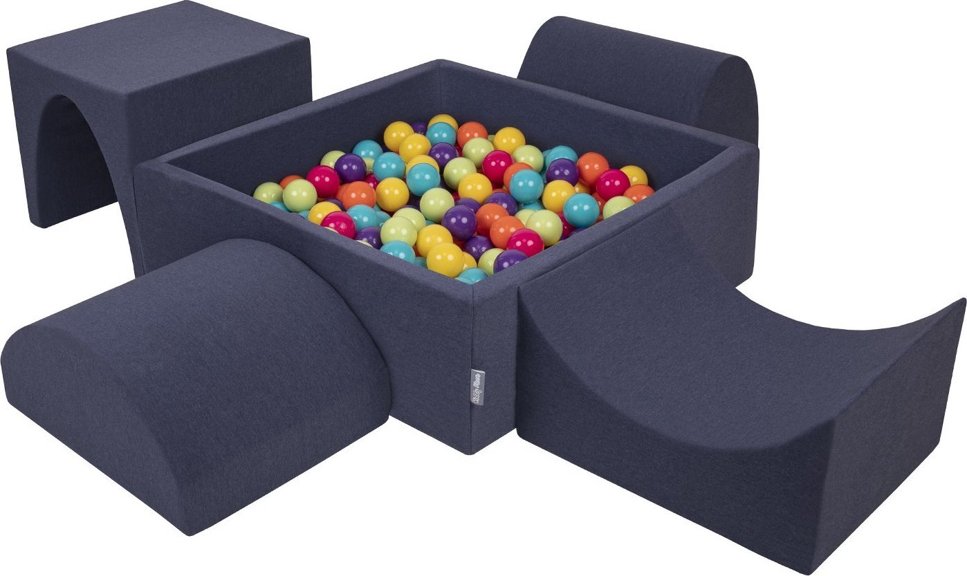 KiddyMoon Piankowy plac zabaw PPZP-KW30D-135 z piłeczkami granatowy: jasny zielony-żółty-turkus-pomarańcz-ciemny róż-fiolet basen 200/górka/tunel/ramp