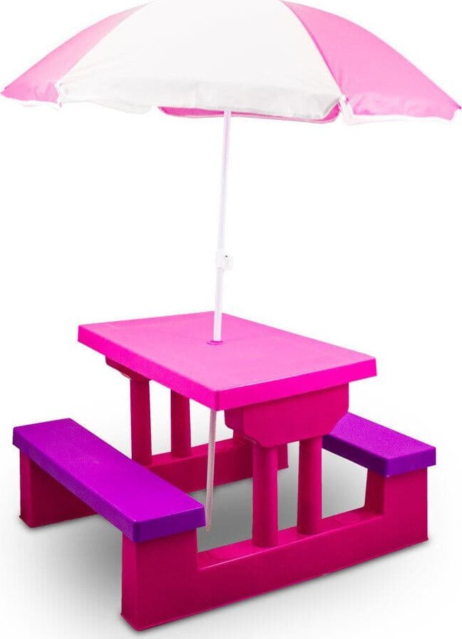 Bituxx Ławka do ogrodu z parasolem dla dzieci Stolik RÓŻOWY do zabawy lekki