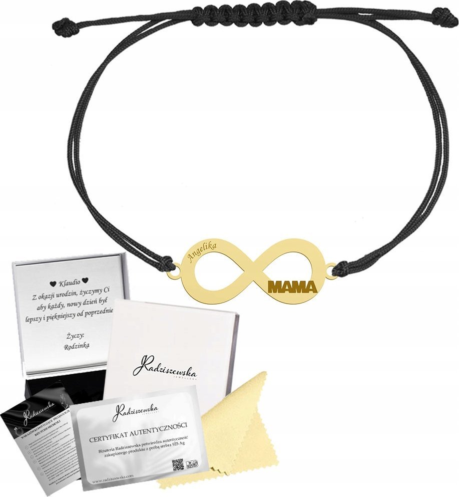 MEJK Jewellery Bransoletka Złota dla Mamy Nieskończoność Srebro 925 Grawer Sznurek