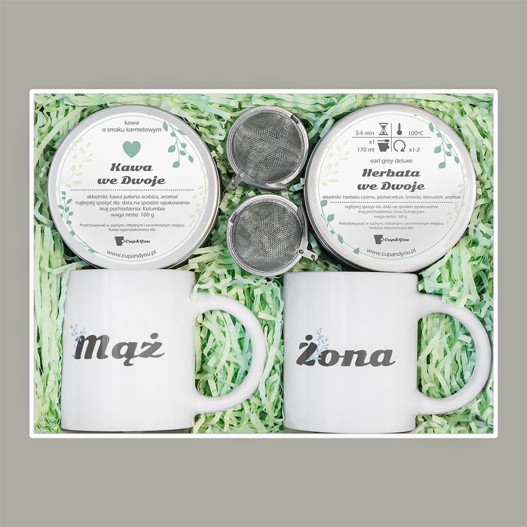 Cup&You Box dla Męża i Żony, zestaw prezentowy idealny na Wesele- elegancki zestaw z kawą i herbatą, 2x kubek, zaparzacz zaczep kulka,herbata i kawa