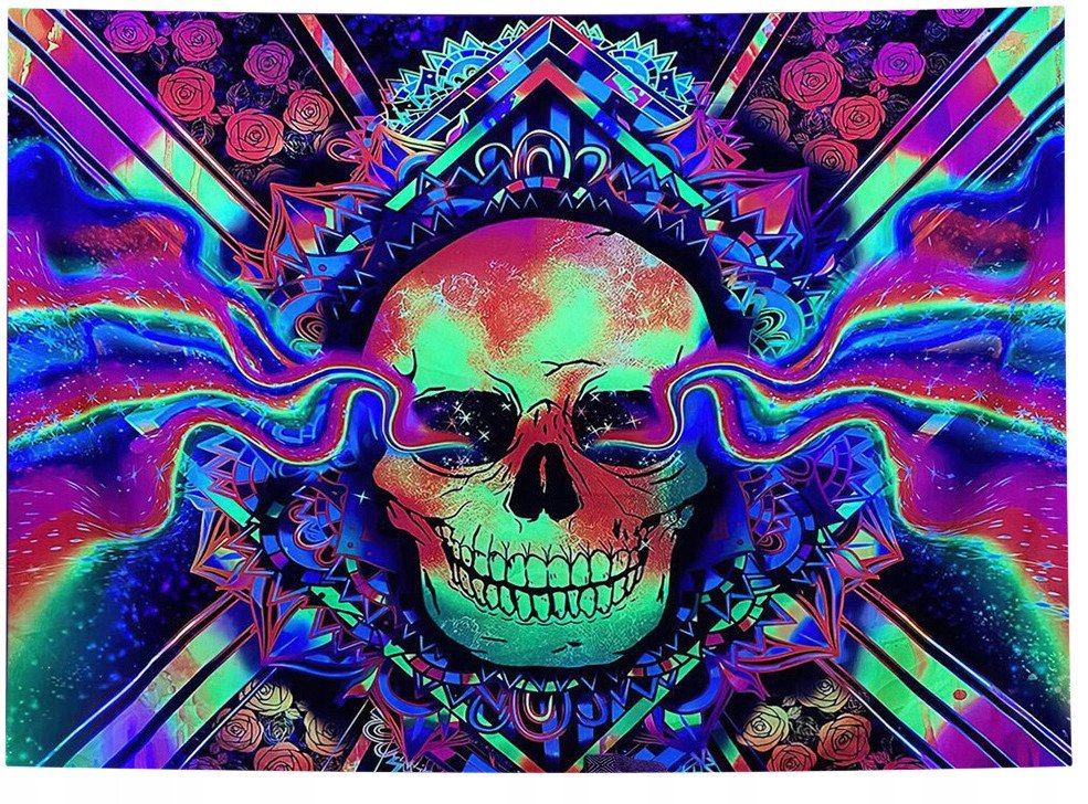 Dekoracja ŚCIENNA UV OBRAZ Fluorescencyjny GOBELIN ODBLASK 150x150cm Czacha