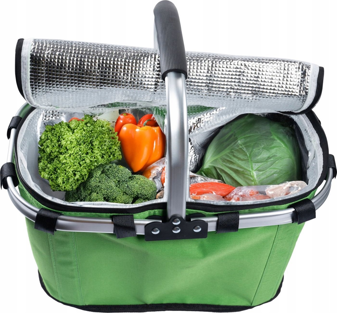 SKŁADANY KOSZYK TERMICZNY PIKNIKOWY NA ZAKUPY, PLAŻĘ Z 1 UCHWYTEM - WODOODPORNY, ZIELONY