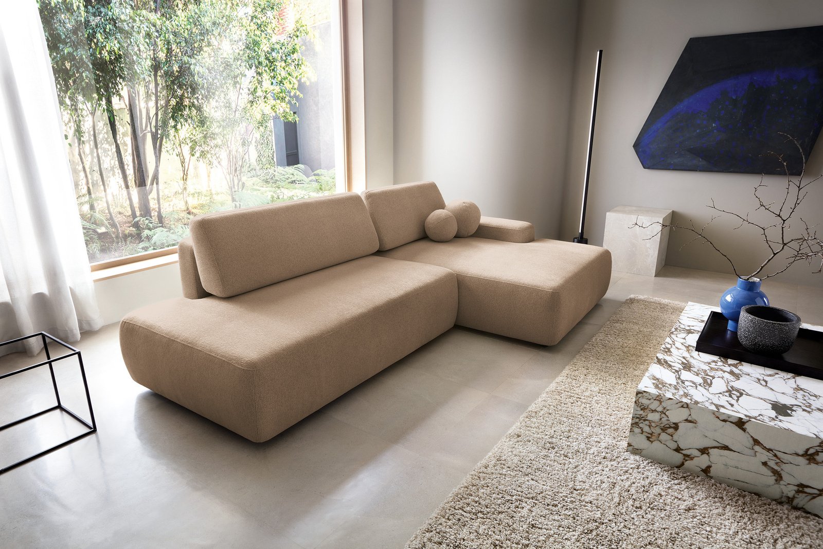 Narożnik OLMI O prawostronny Raven 38 brązowy styl soft funkcja spania + poduszki