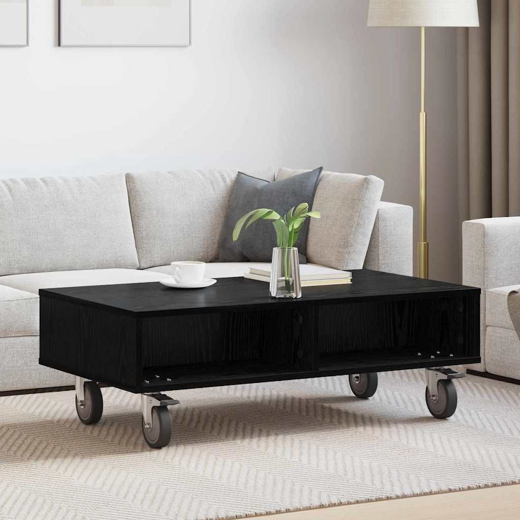 vidaXL Stolik boczny z kółkami Czarny Dąb 90 x 50 x 30 cm