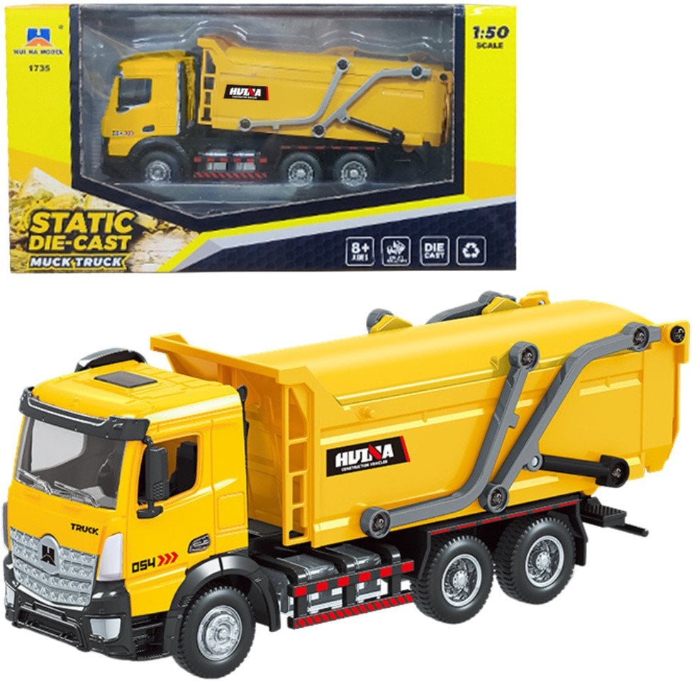Śmieciarka Ciężarówka Metalowa Ruchoma Huina Żółta 1:50
