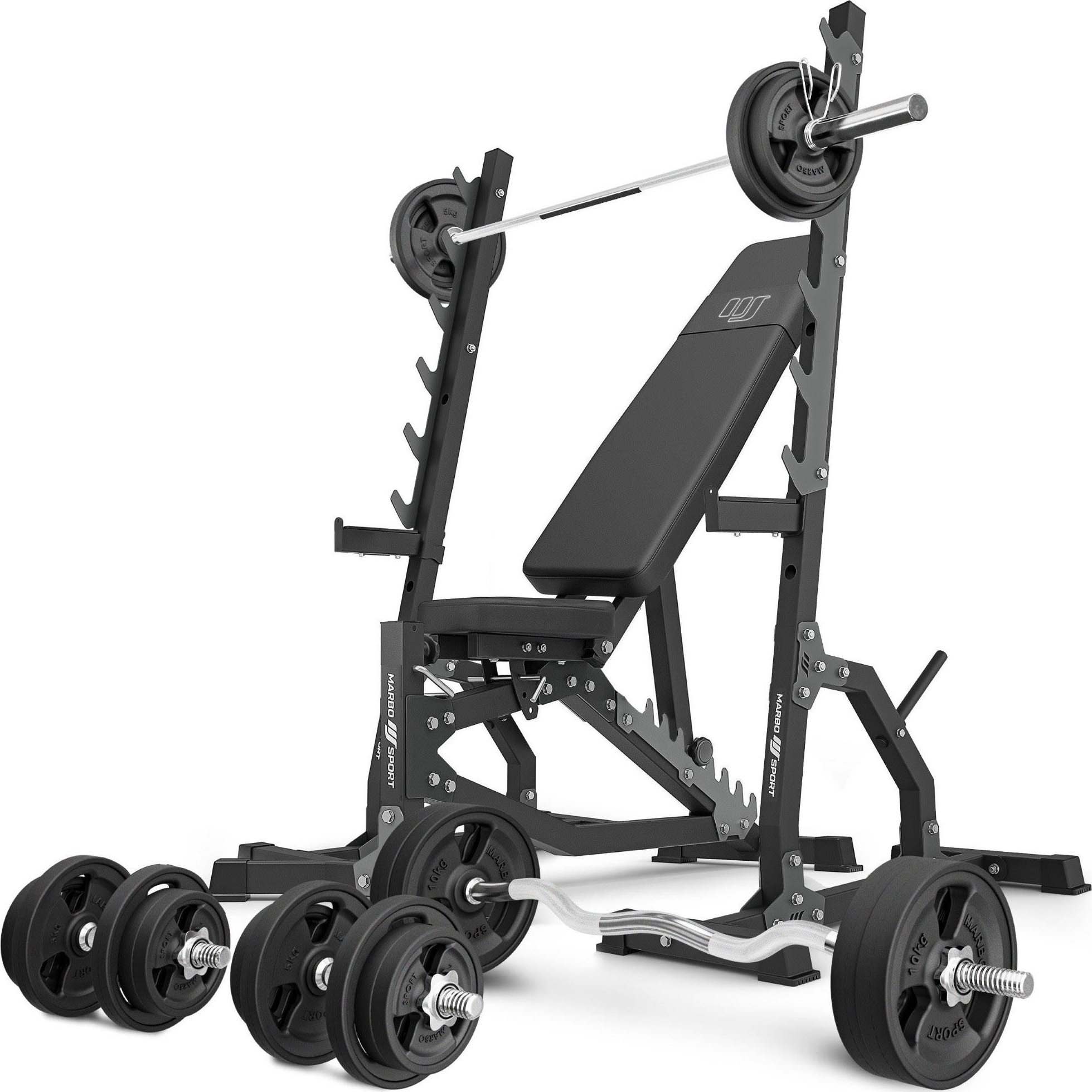 Zestaw MS8_2.0_113KG_G | Dwustronnie regulowana ławka treningowa + wielopoziomowe stojaki (2 sztuki) + zestaw gryfów i obciążeń gumowanych 113 kg - Ma