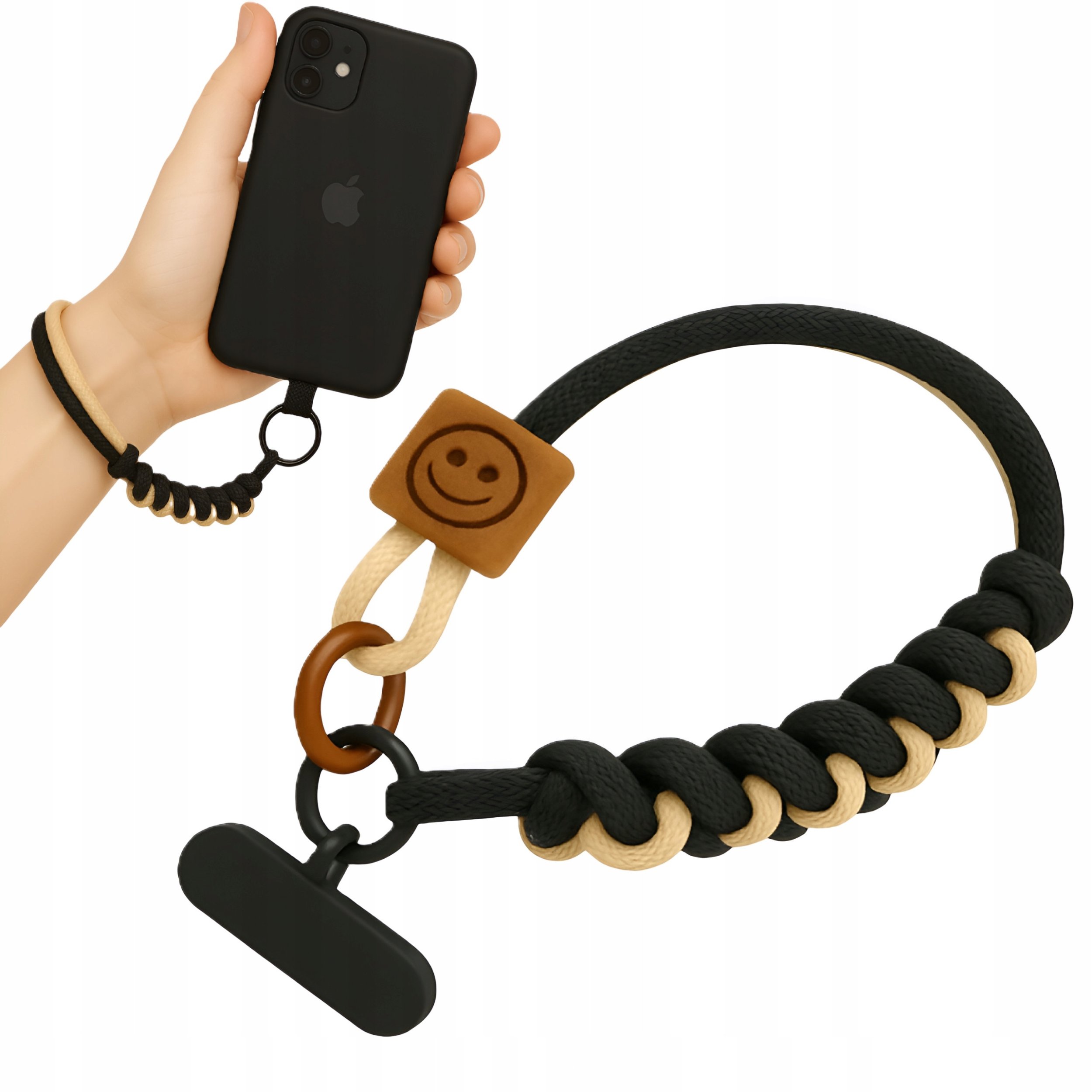 Smycz Do Telefonu Uchwyt Zawieszka Na Nadgarstek Pleciona Czarno-Brązowa