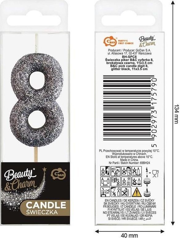 Świeczka piker 8 czarna brokatowa 11x3.5 cm