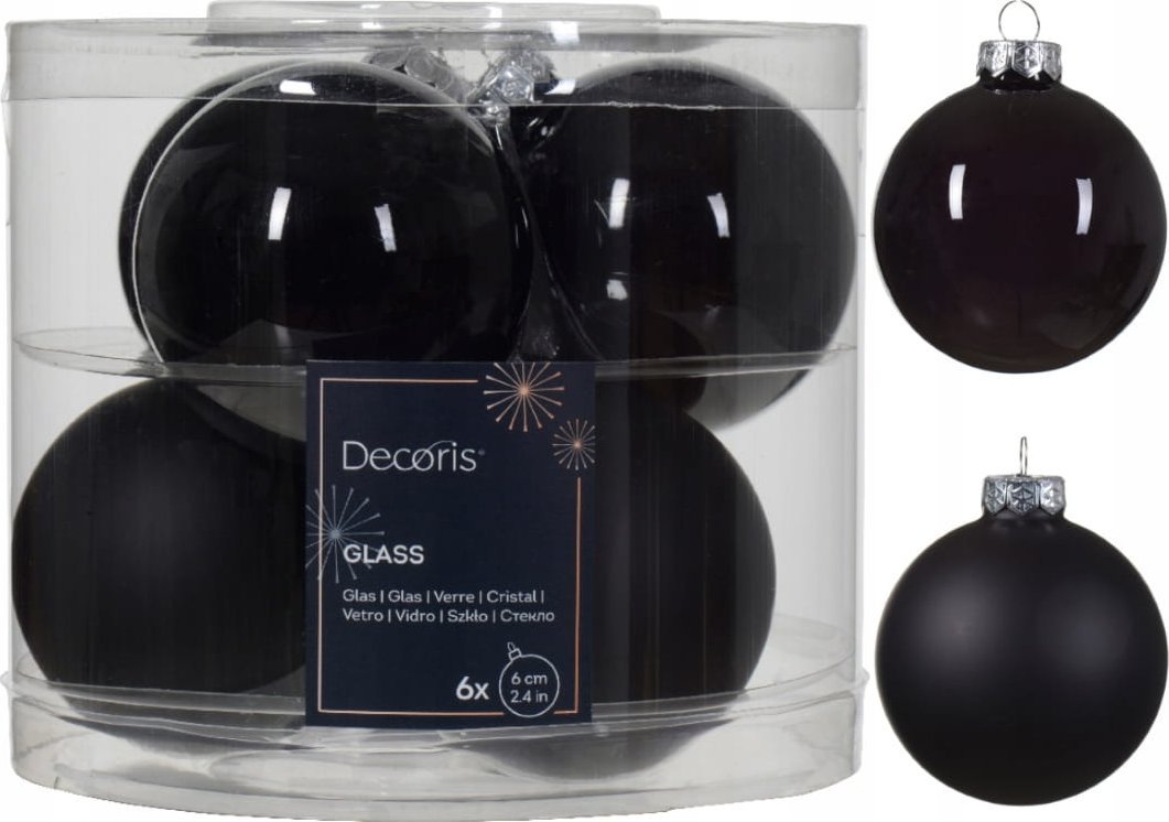 Kaemingk Zestaw 6 czarnych szklanych bombek choinkowych 6cm błyszczące matowe