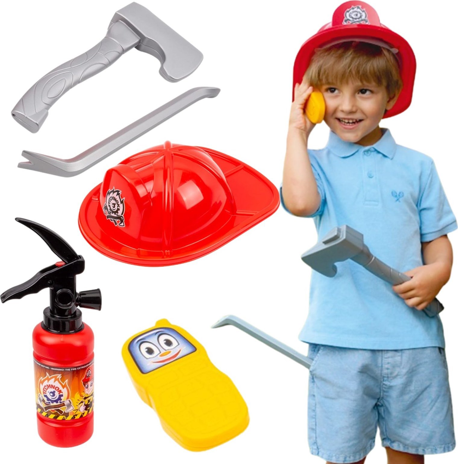 Zestaw Strażacki Straż Pożarna Kask Hełm Łom Telefon Gaśnica Dla Strażaka