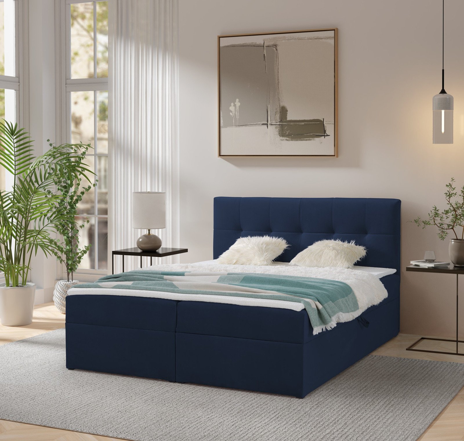 Łóżko kontynentalne Toronto 140200 (Amor Velvet 4314 - Granat) z materacem bonell i topperem