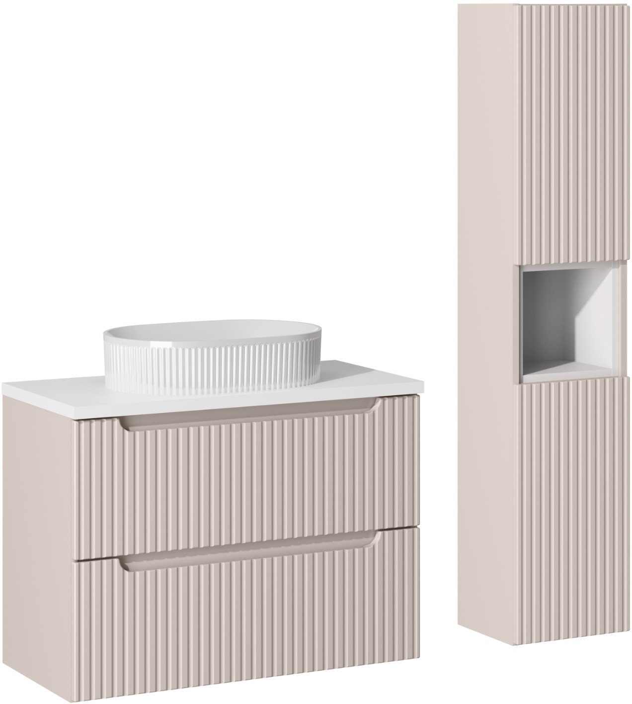 Zestaw meblowy 80cm z blatem, umywalką nablatową Beyond i szafką wysoką