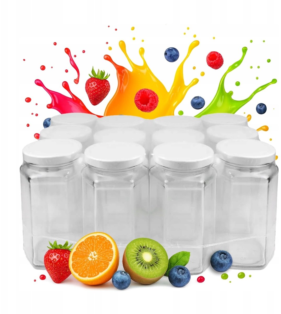 12x Słoik Szklany 385ml z Wieczkiem SZEŚCIOKĄTNY ZGRZEWKA Na Miód Sok