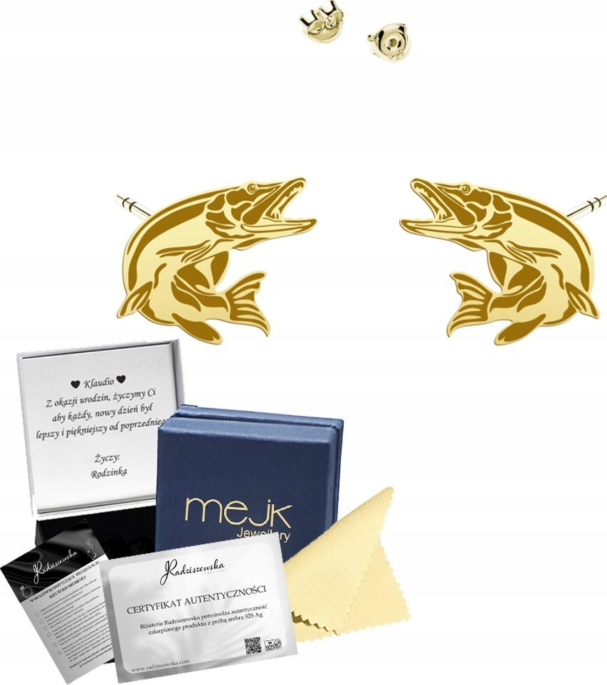 Radziszewska Jewellery Kolczyki Złote ze Szczupakiem Ryba Wkrętki 925 Dedykacja Prezent Biżuteria