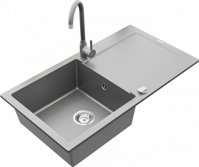 Zlewozmywak Mexen Leo granitowy 1-komorowy z ociekaczem i baterią kuchenną Telma, szary - 6501-71-670200-71