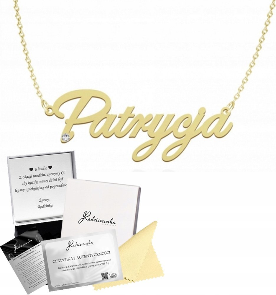 Radziszewska Jewellery ZŁOTY NASZYJNIK Z IMIENIEM PATRYCJA ŁAŃCUSZEK SREBRO 925 PREZENT DEDYKACJA