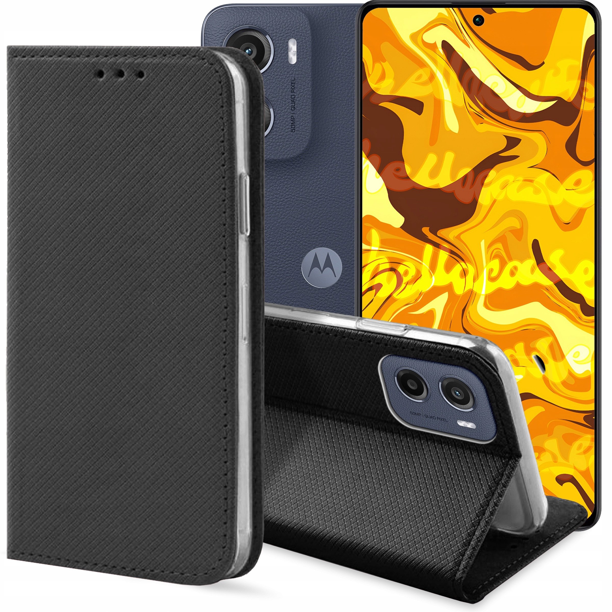 ETUI Z KLAPKĄ DO MOTOROLA MOTO G05 / E15 CZARNE ZAMYKANE MAGNETYCZNE KABURA