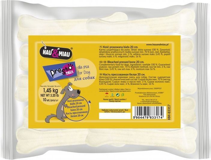 Hau&Miau KOŚĆ PRASOWANA BIAŁA 20cm, 10szt/op, 1,45 kg/op