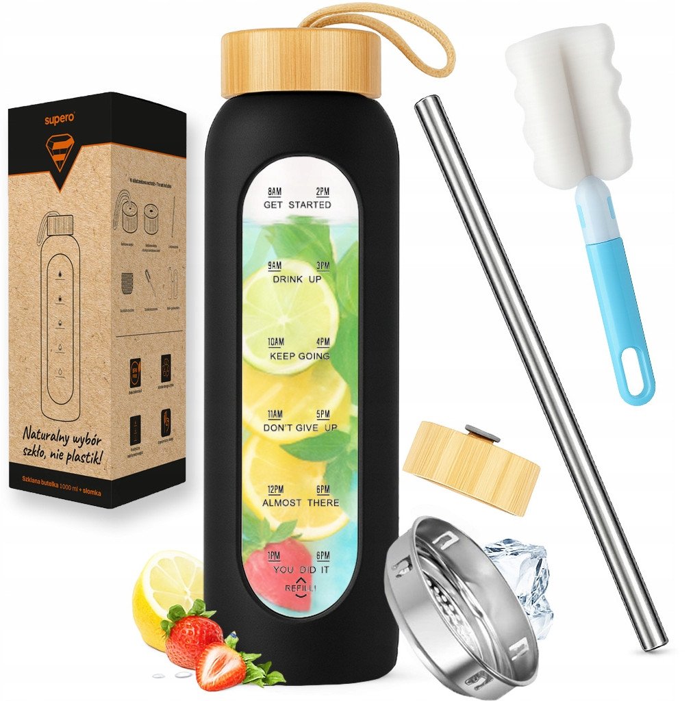 Szklana butelka na wodę 1l motywacyjna ze słomką Supero, czarna