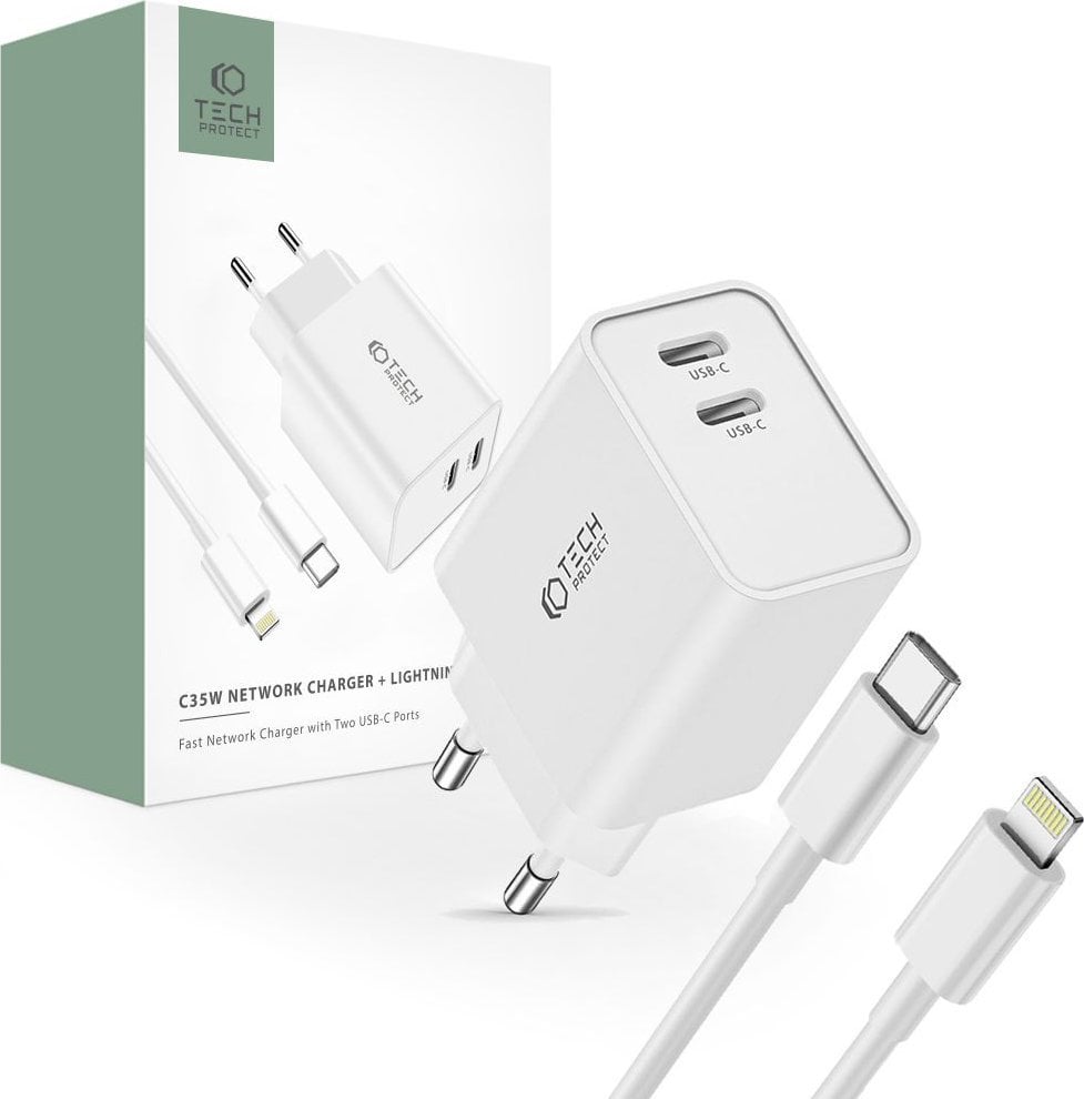 Ładowarka Tech-Protect TECH-PROTECT C35W 2-PORT NETWORK CHARGER PD35W + LIGHTNING CABLE WHITE