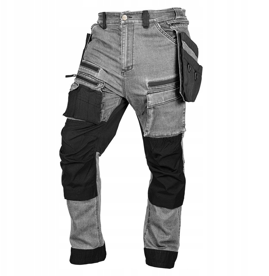 Spodnie robocze DENIM, wzmocnienia Cordura, odpinane kieszenie kaburowe, szare, rozmiar M