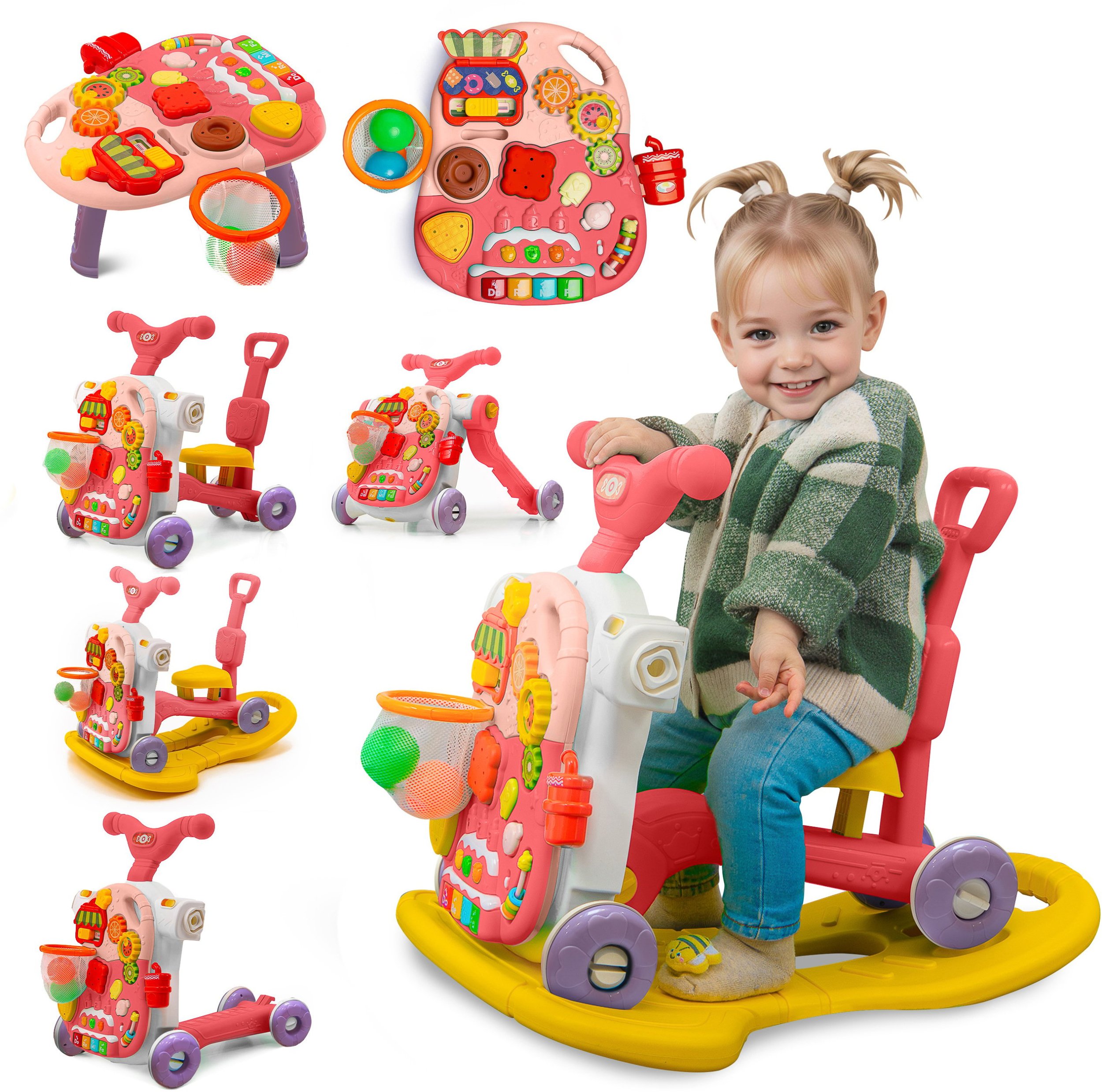 ROWER PCHACZ KONIK BUJANY HULAJNOGA JEŹDZIK STOLIK EDUKACYJNY 5W1 RÓŻOWY