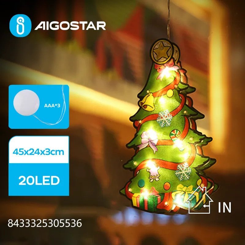 Dekoracja świąteczna Aigostar Zawieszka świąteczna na okno na baterie z przyssawką w kształcie choinki, duża, Zawieszka na baterie z przyssawką w ksz