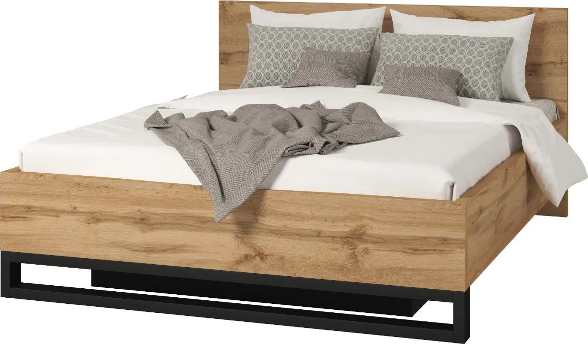 Łóżko HALLE 160x200 dąb wotan mat/czarne z pojemnikiem HELVETIA
