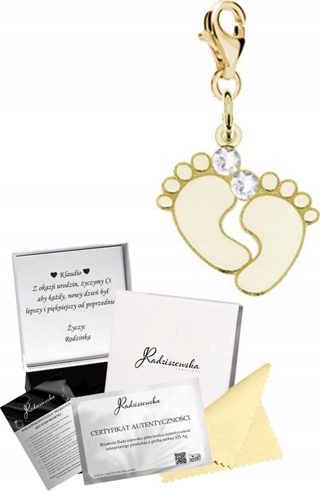 Radziszewska Jewellery Charms Złoty STÓPKI DZIECKA Kobieta SREBRO 925 Prezent GRAWER GRATIS