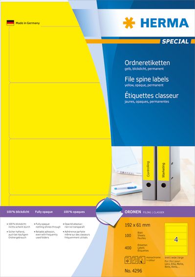Herma Etykiety Special 4296, na segregatory, A4, żółte, 192 x 61 mm, papier matowy nieprzejrzysty, 400 szt., zaokrąglone narożniki (4296)