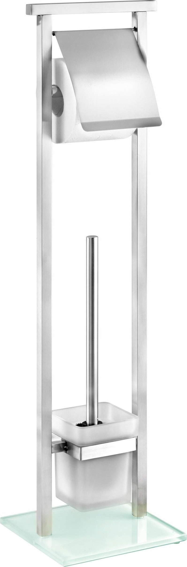 Wenko Zestaw WC Debar, szczotka, pojemnik i uchwyt na papier toaletowy, srebrny, stalowy, szkło, wymienna główka, marka WENKO