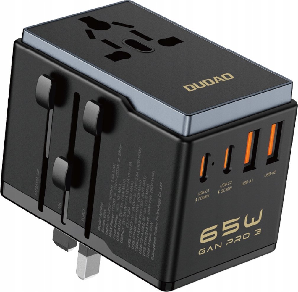 Adapter USB Dudao Adapter podróżny Dudao A65Pro 65W EU / US / JP / AUS / UK 2x USB-C 2x USB-A - czarny