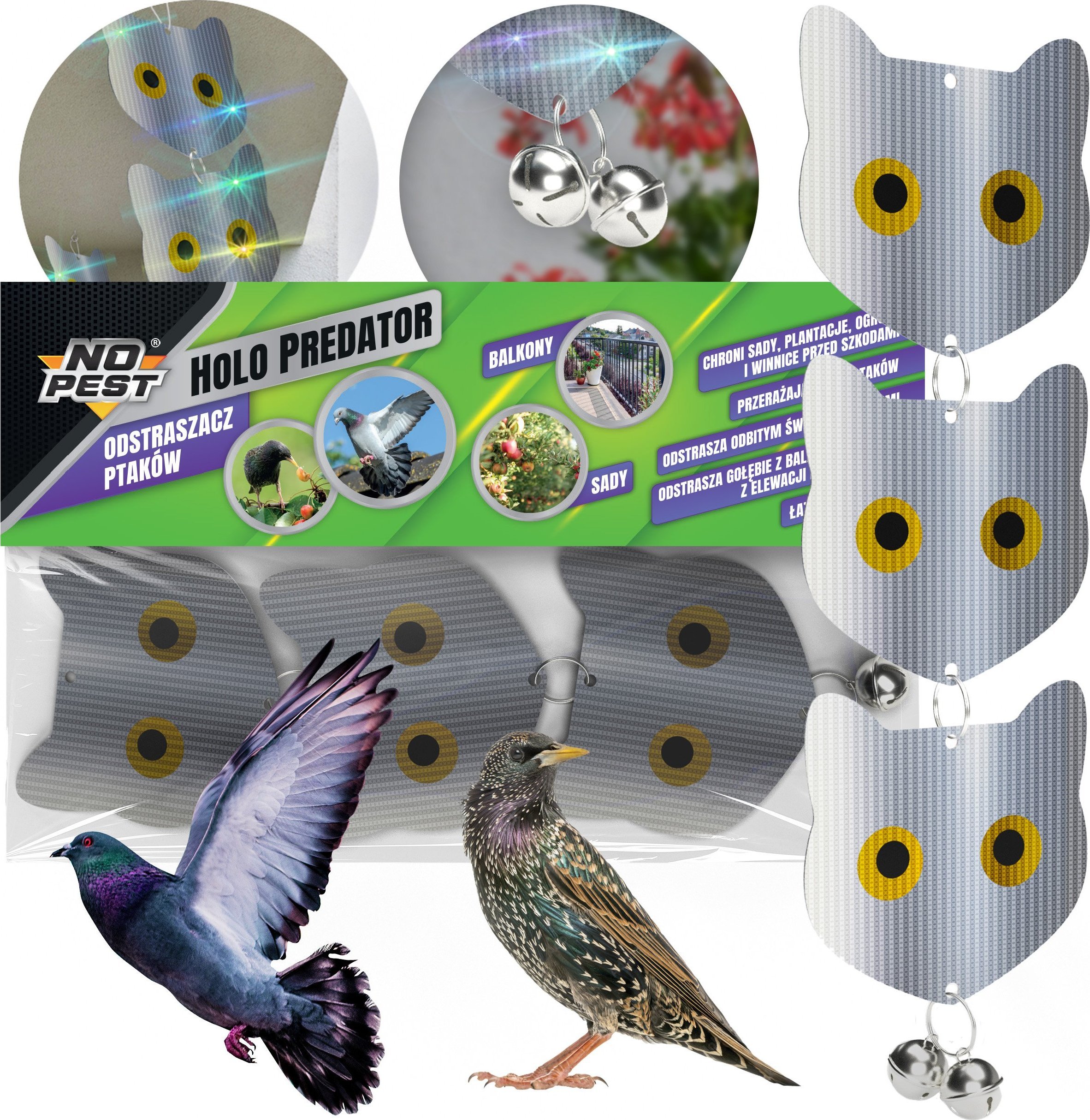 Odstraszacz Ptaków Szpaków Kosów Gołębi Dzięciołów Hologramowa Odblaskowa Makieta Ssaka Drapieżnego "Holo Predator"