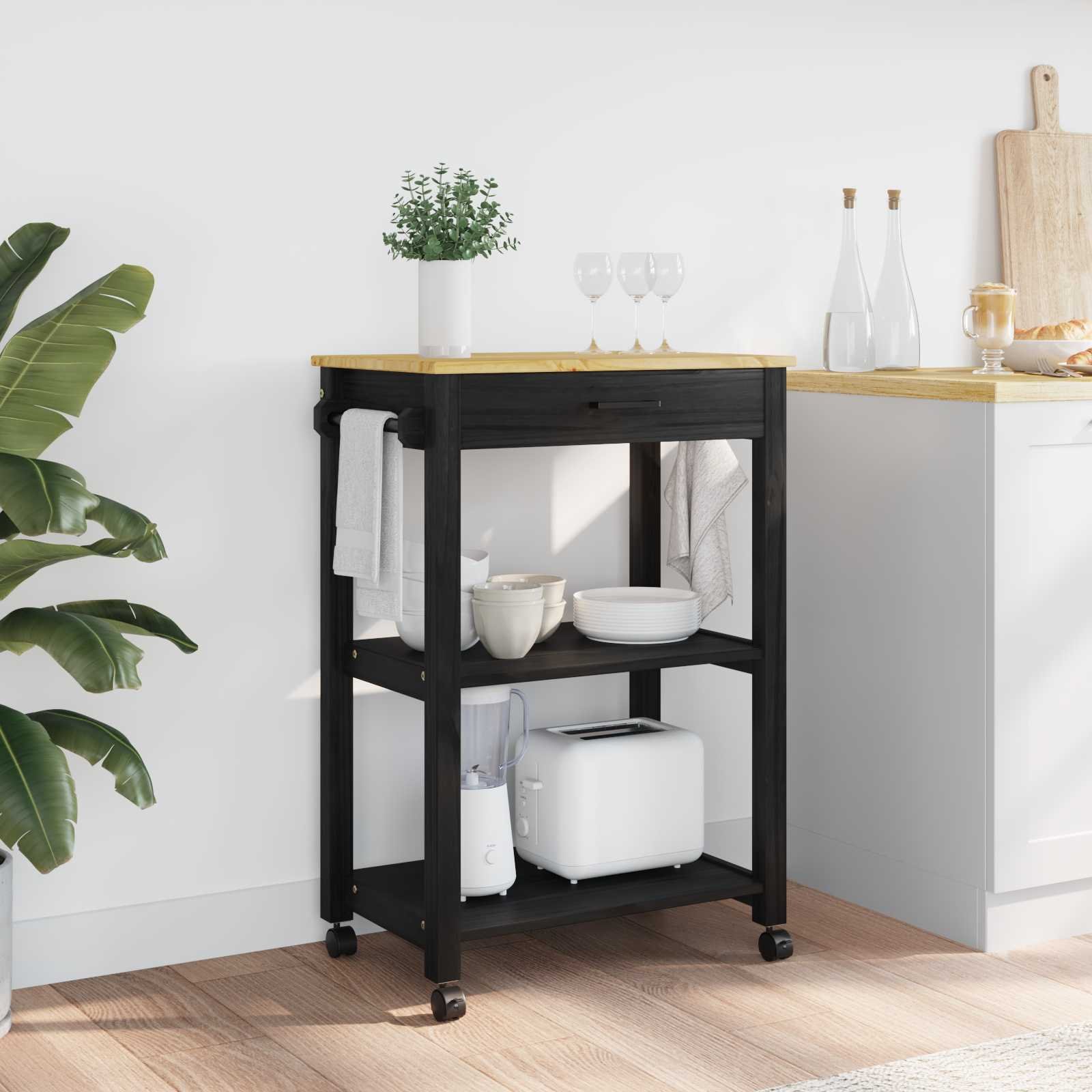 vidaXL Wózek Kuchenny Gładki Czarny 88,5 x 40 x 60 cm