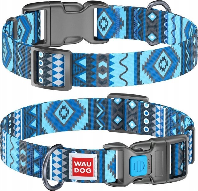Collar WAU DOG OBROŻA NYLON Z ADRESÓWKĄ QR 15mm/25-35cm ETNO NIEBIESKI