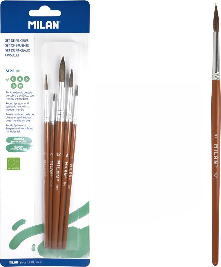 Milan PĘDZLE OKRĄGŁE Z WŁOSIA KOZIEGO MILAN SERIA 101 5 SZTUK NA BLISTRZE