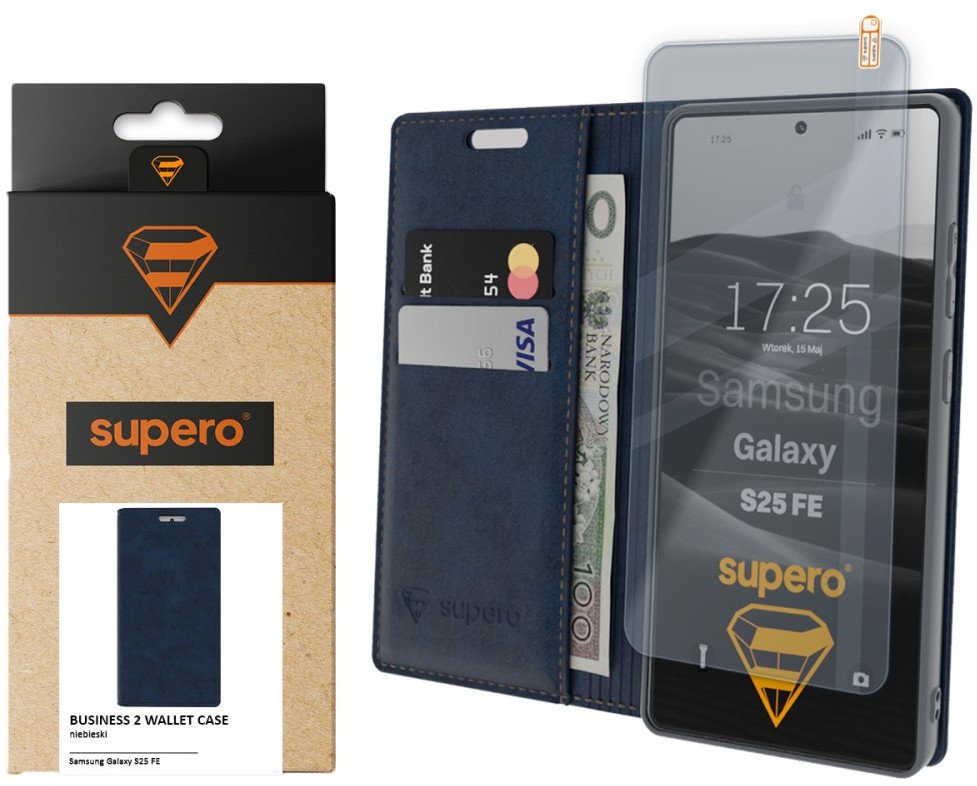 Etui z klapką Supero Business 2 Wallet Case do Samsung Galaxy S25 FE, niebieskie + szkło