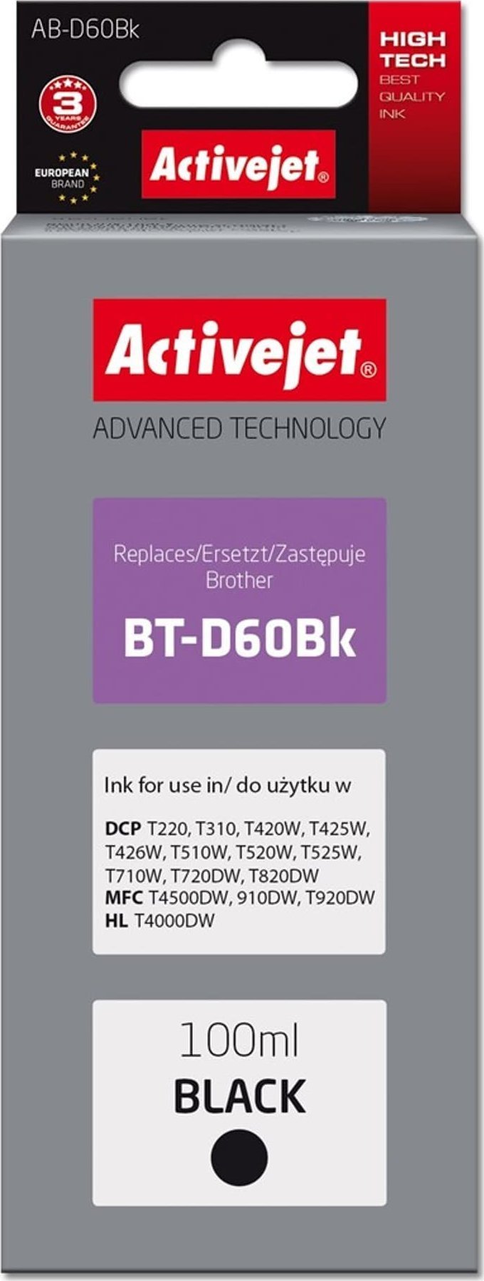 Tusz Activejet Activejet AB-D60Bk Tusz (zamiennik Brother BT-D60Bk; Supreme; 100 ml; czarny)