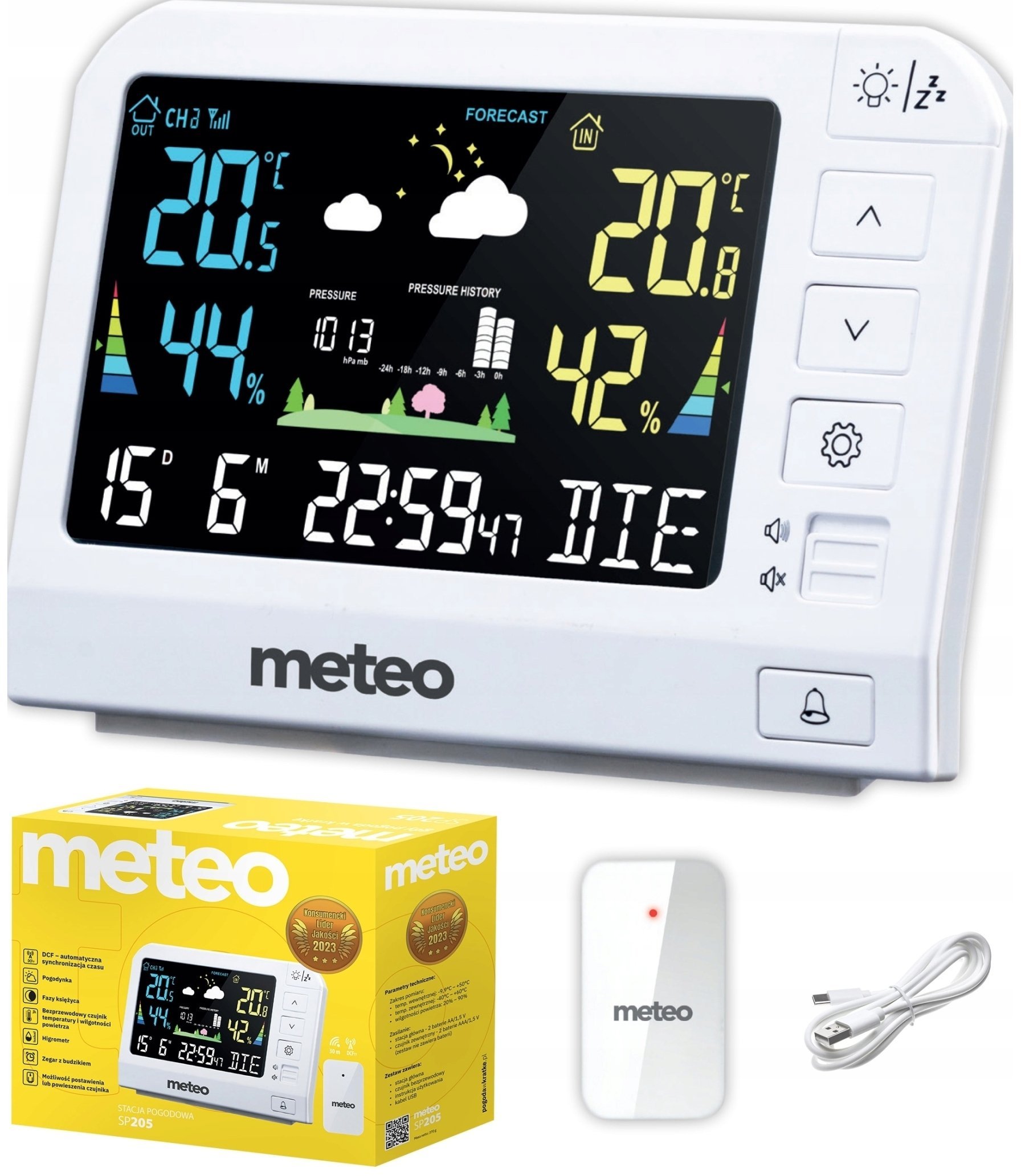 STACJA POGODOWA METEO SP205 POGODYNKA HIGROMETR CZUJNIK ZEWNĘTRZNY DCF