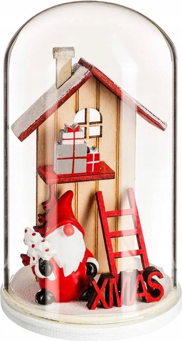 Dekoracja świąteczna Atmosphera Kopuła szklana z drewnianym domkiem świątecznym, 12 cm