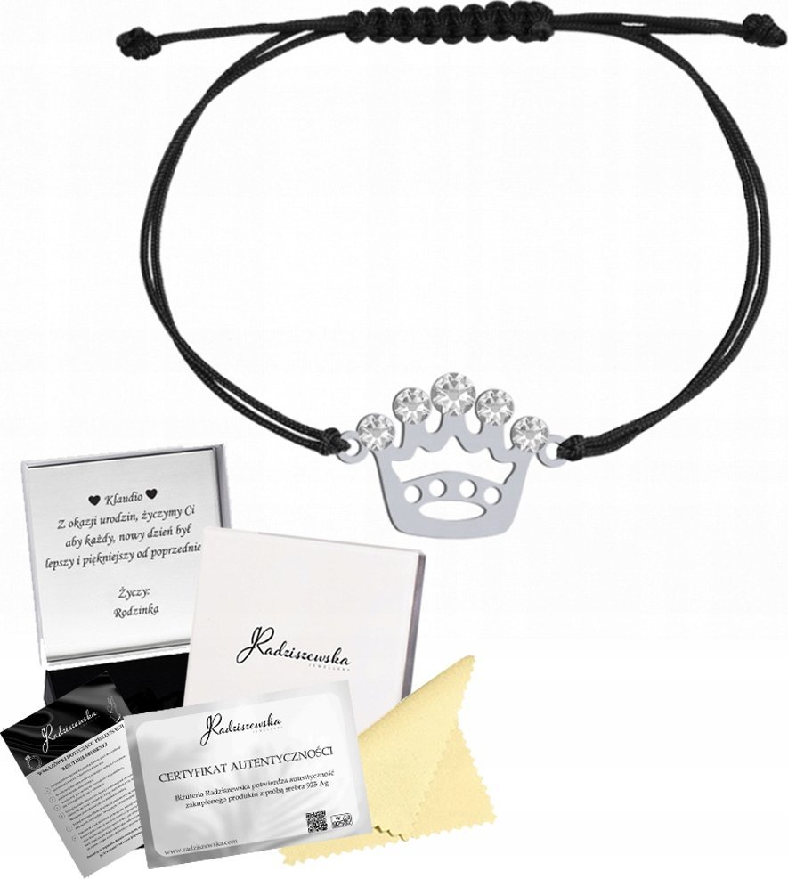 Radziszewska Jewellery Bransoletka Srebrna Korona Sznurek Kryształy Srebro 925 Dedykacja Prezent