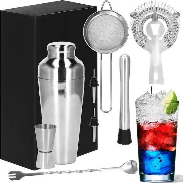 Springos Zestaw barmański 8 elementów do drinków shaker francuski srebrny UNIWERSALNY