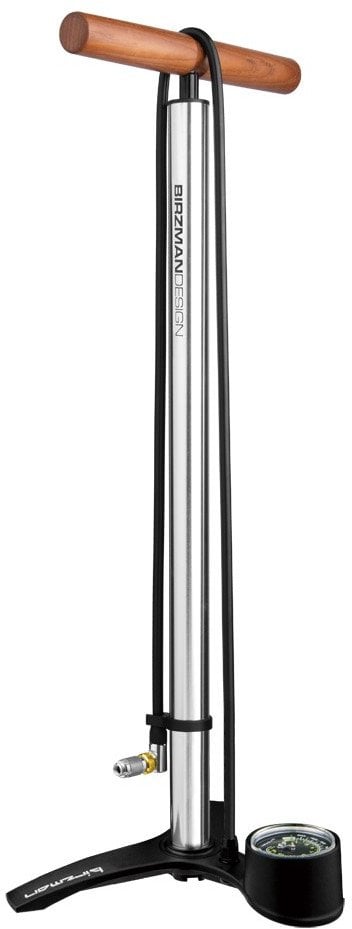 Pompka podłogowa BIRZMAN The Pump with Helix (Presta/Schrader/Dunlop), 220psi/15bar, CNC, Srebrna, Drewno lakierowane (NEW)