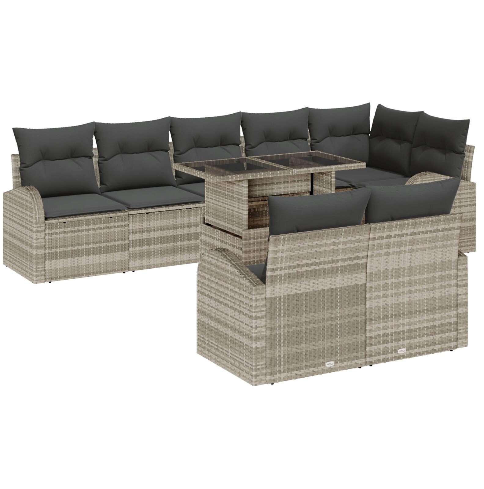 9-elementowy zestaw sofy ogrodowej vidaXL z poduszkami jasnoszary polirattan, Sofa ogrodowa dwuosobowa vidaXL z przechowalnią i poduszkami jasnoszary