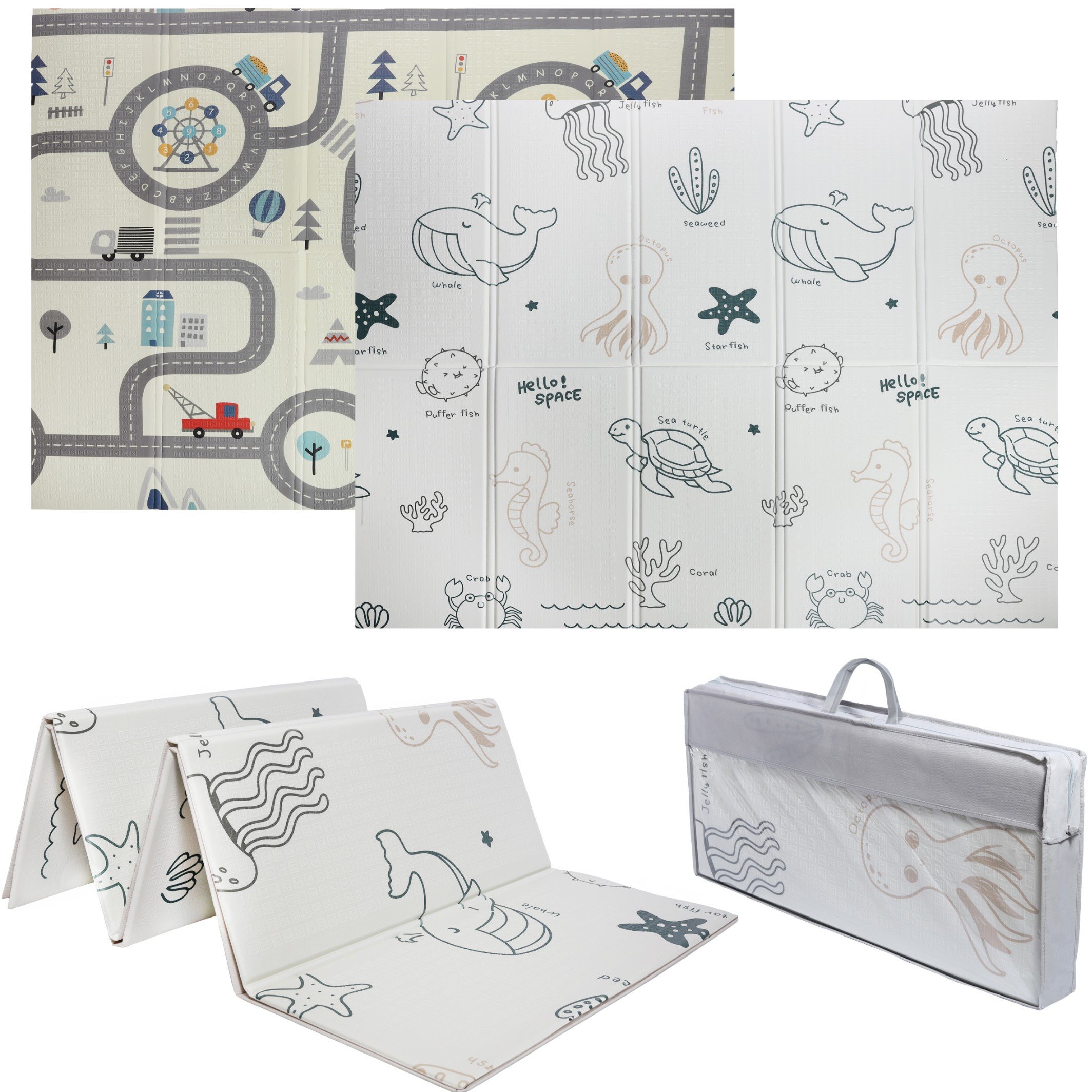 Dwustronna składana kolorowa edukacyjna piankowa mata dziecięca XXL 180x200 cm - tor samochodowy