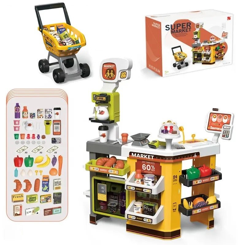 DUŻY SUPERMARKET SKLEP KASA WÓZEK CUKIERNIA LODÓWKA SZRON AKCESORIA