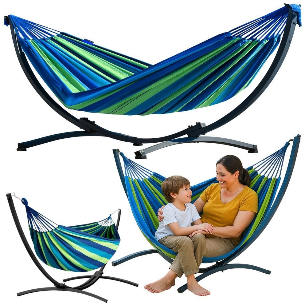 Lean Hamak Ogrodowy Ze Stelażem Dwuosobowy Zielono-Niebieski 200x120